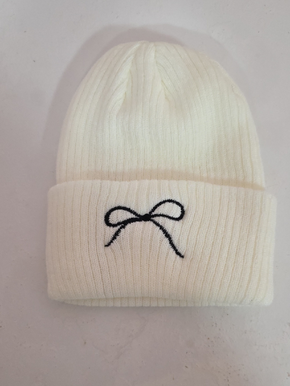 Zenana Brand Ivory Knit Beanie with Black Bow Embroidery O/S
